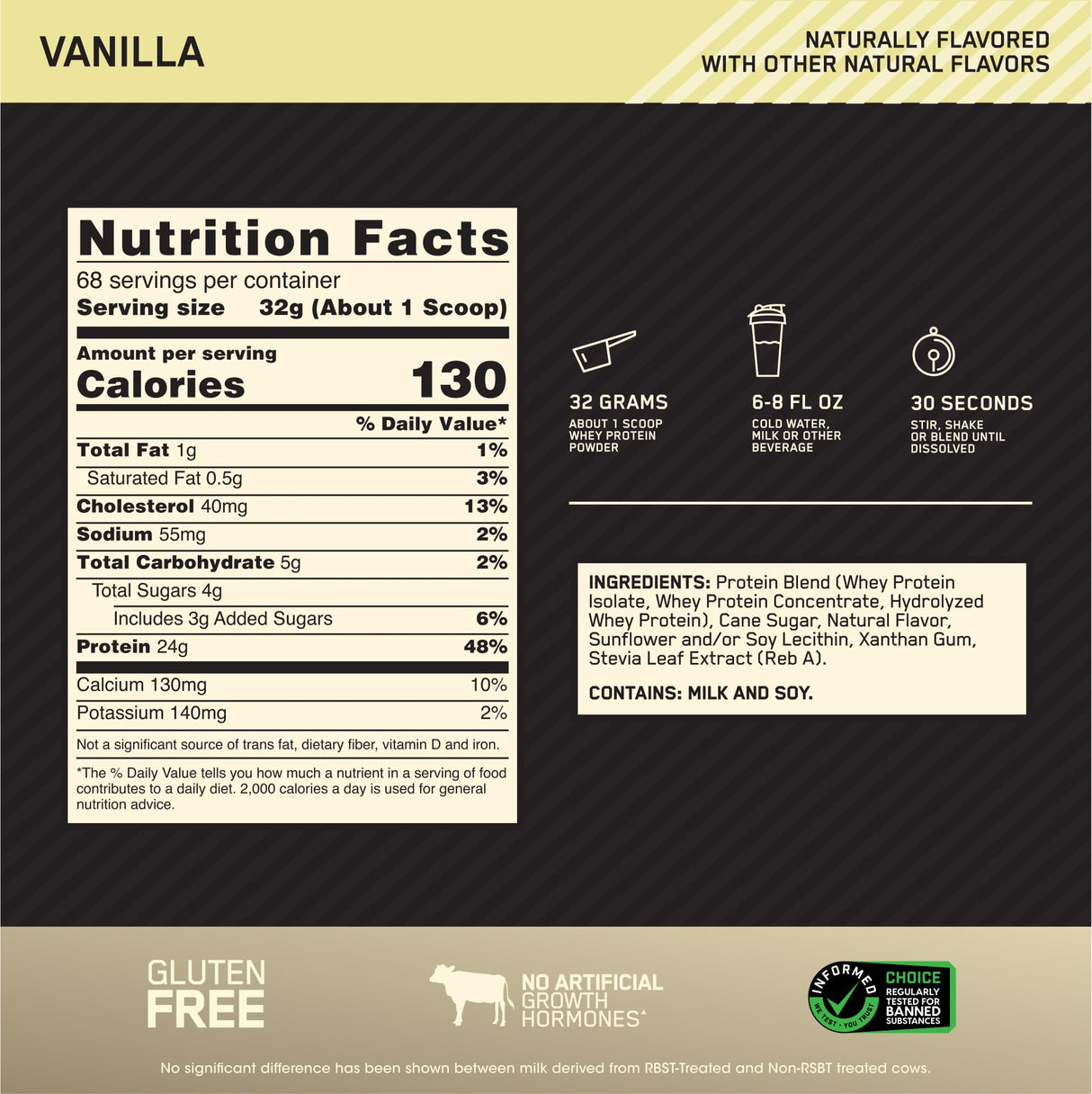 Optimum Nutrition Gold Standard 100% Whey Naturally Flavored Protein Powder 4.8 (Packaging May Vary), Vanilla, 76.8 Ounce