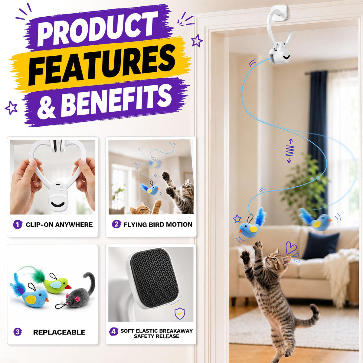 Interactive Cat Toys for Indoor Cats, Clip-On Automatic Flying Bird