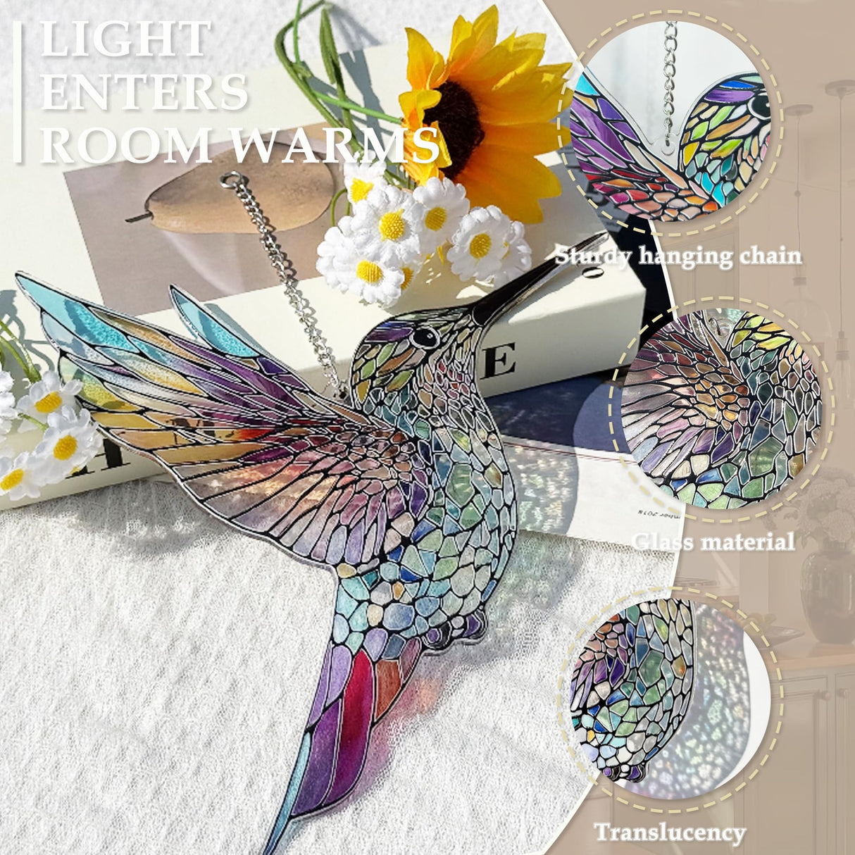 Hummingbirds Suncatcher Stained Glass, Hummingbird Suncatcher Ornament, Hummingbird Suncatcher for Grandma/Mom/Women (Colorful)