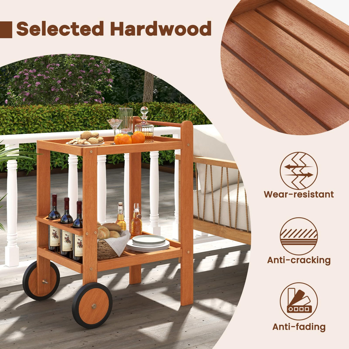 Tangkula Wood Bar Cart, Outdoor Indoor 2 Tier Rolling Serving Cart with Wine Bottle Holders and 2 Rubber Wheels, Bar Table Beverage Drink Cart for Kitchen, Patio, Garden and Poolside, Natural