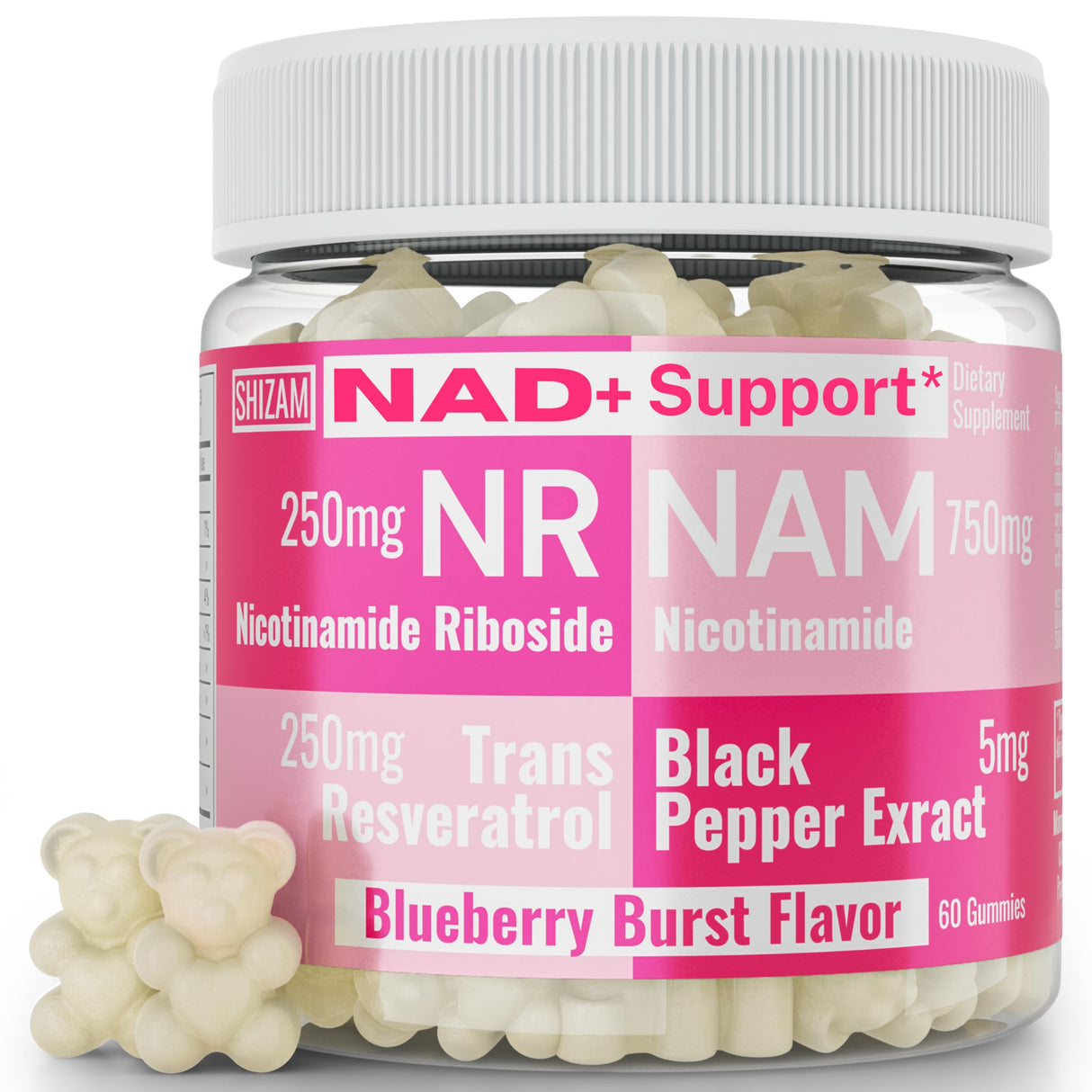 SHIZAM Nicotinamide Riboside NR NAM Resveratrol Gummies, 1000mg NAD+ NAD + Plus Nrf2 Activator Booster w Pure Niacinamide Vitamins B3 Capsules Pills Powder Supplements Alt NDA Regenerator 500mg