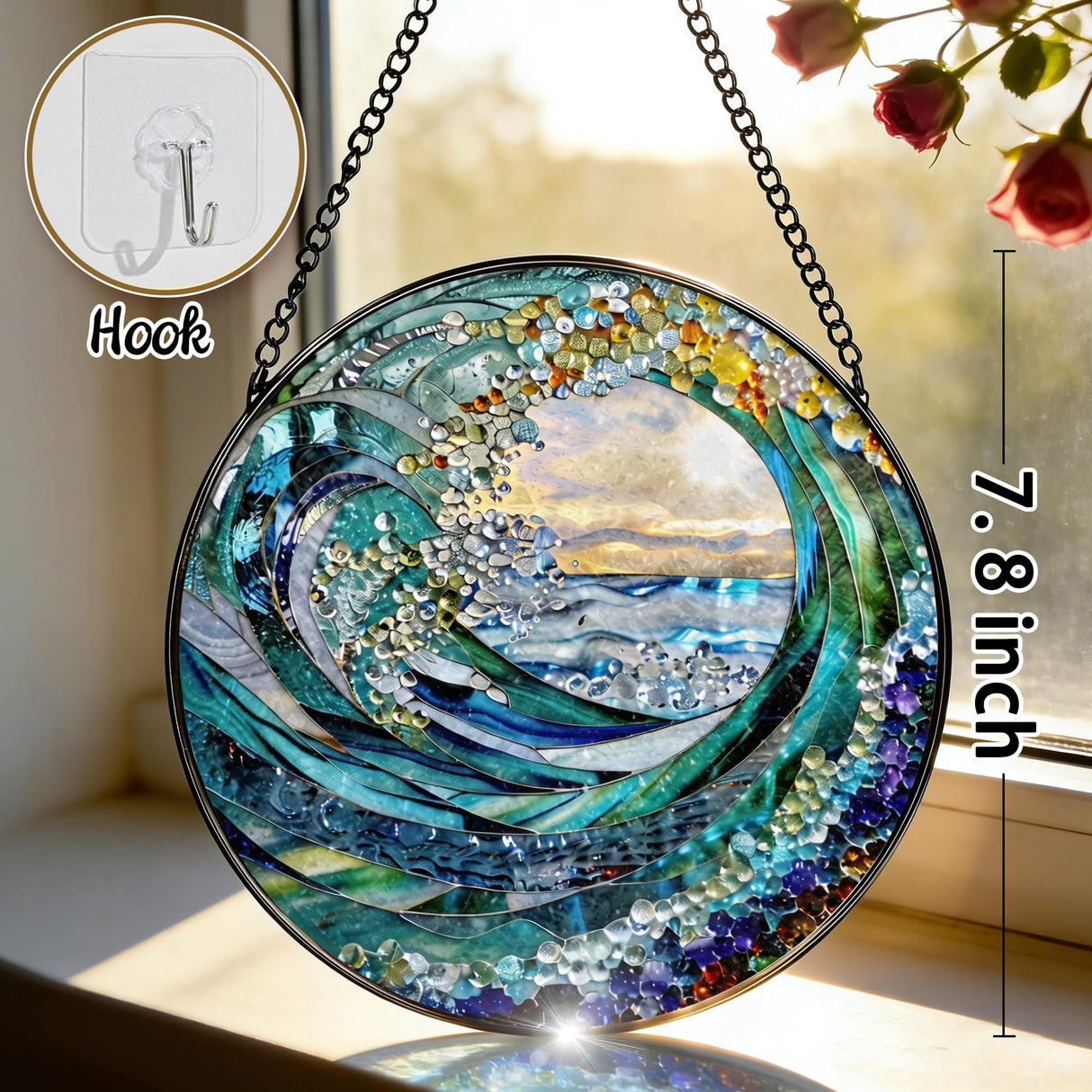 Stained Glass Window Hanging, 7.8" Ocean Wave Stained Glass Suncatcher, Sun Catchers Indoor Window Ornament, Suncatchers for Windows, Doors & Home Decor, Gift for Sea Lovers & Beach Lovers