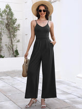 ANRABESS Women V Neck Spaghetti Strap Wide Leg Dressy Jumpsuits 2025 Summer Casual One Piece Jumper Romper Outfits & Pockets Black Medium