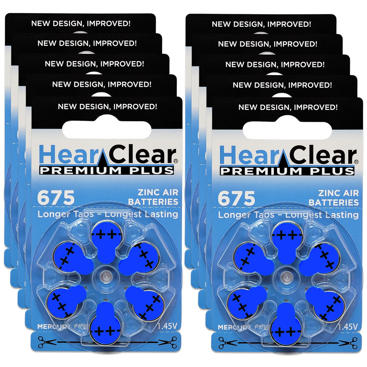 Hear Clear Size 675 PR44 1.45V Hearing Aid Batteries Blue Tab (60 Batteries)