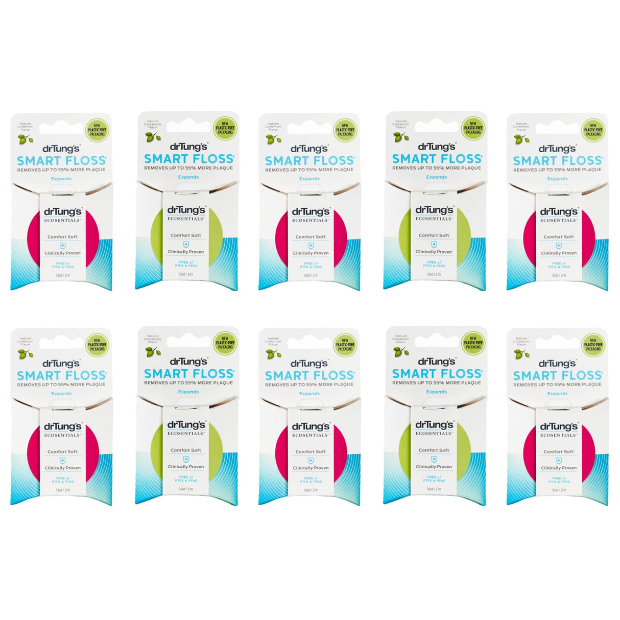 DrTung's Smart Floss - Natural Floss, PTFE & PFAS Free Floss, Gentle on Gums, Expands & Stretches, BPA Free - Cardamom Flavor, Colors Vary (10 Pack)