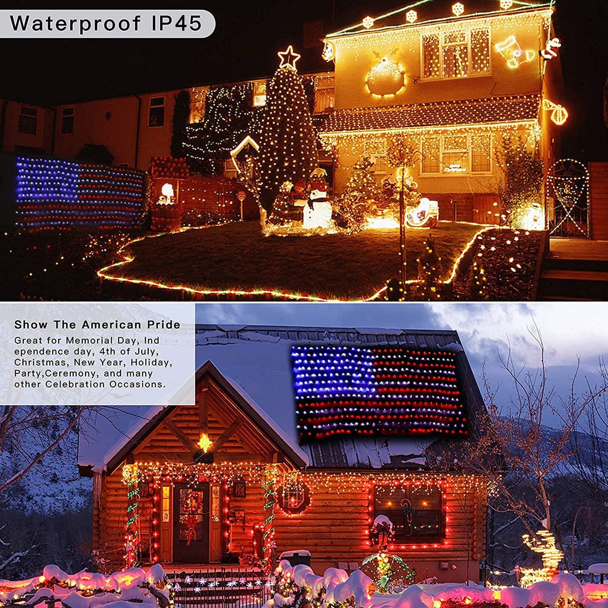 (New) American Flag Lights, Outdoor String Lights 420 LED Waterproof Led Flag Net Light Patriotic Ornaments for Outdoor Home Yard,Garden, Camping, Memorial Day, 4th of July, Christmas Decorations
