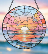 Hanging Stained Glass for Windows,20cm/7.87inch Sea Sunrise Stained Glass Suncatcher with Chain Garden Diamond Glass Panel Hangings Decoration for Home Decor Gifts for Family Friends Colleagues