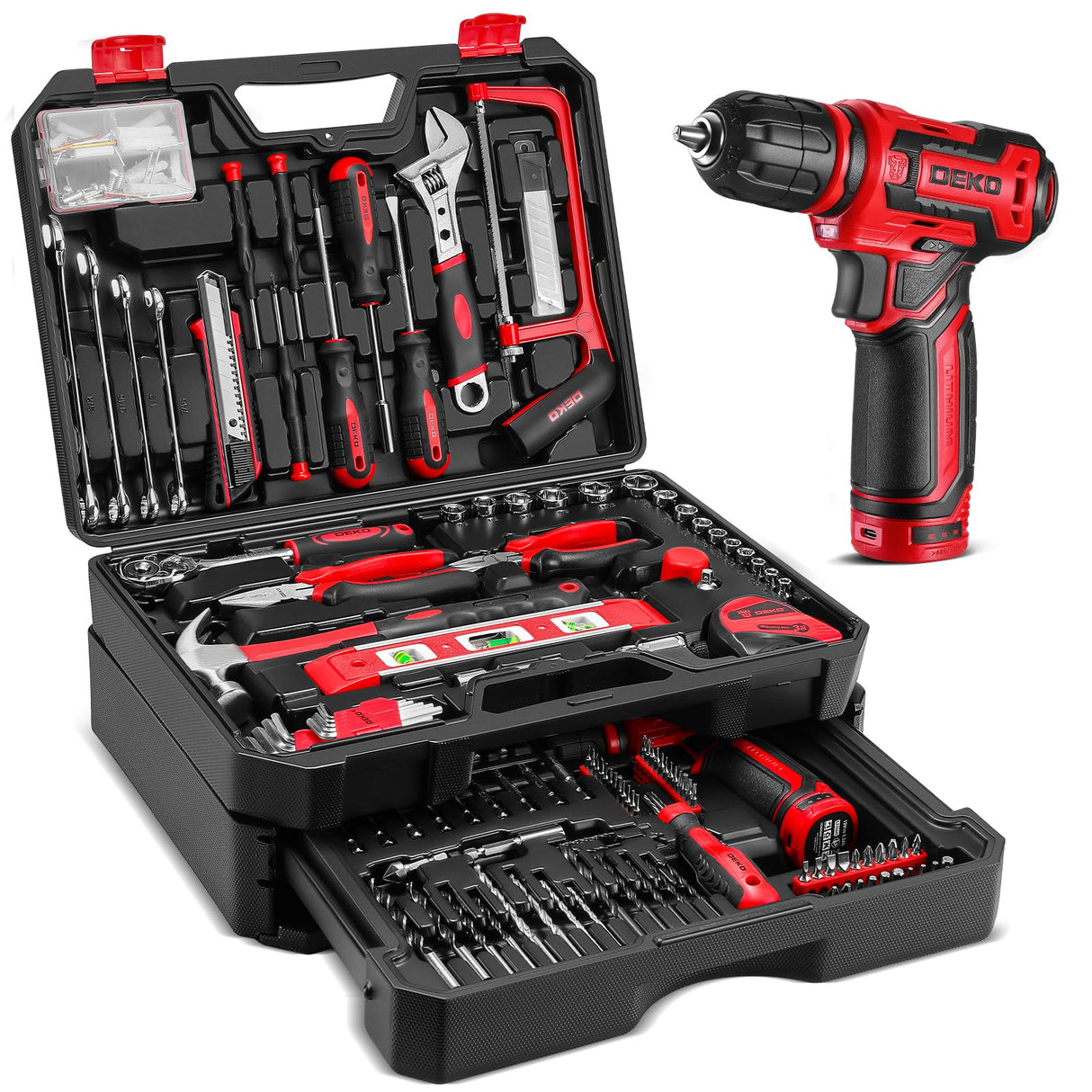 Drill Tool Set：Tool Kit with 12V Power Cordless Drill Hand Repair Tools Box with Drill, Home Tool Kits for Men & Women, Hand Drill Set Perfect for Homeowner, Diyer, Handyman - Red