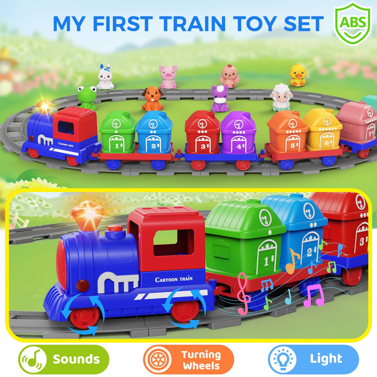 Train Set Toddler Learning Toys for 1 2 3 4 Year Old Boy Girl - Montessori Electric Train Set with Counting Matching & Sorting Activity with Farm Animals, Finger Puppets, Christmas Birthday Gift 2-4