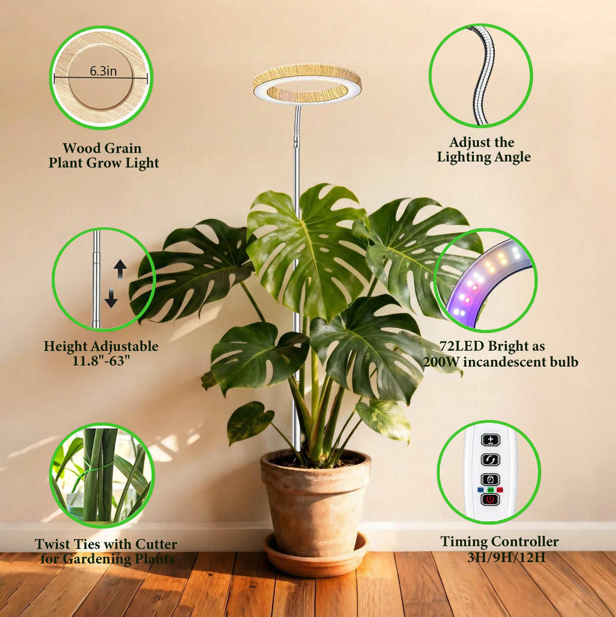 Grow Lights for Indoor Plants Full Spectrum,6.3" LED Wood Grain Plant Grow Light, 9.8-65in Height Adjustable Plant Lights Growing Lamp with Auto Timer 3H/9H/12H,10 Dimmable Levels (Wood Grain 1 Pack)