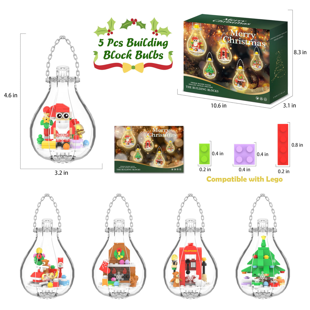 Christmas Ornaments Building Block Set, Compatible with Lego Christmas Tree Decorations Bulbs with Warm Light, Santa Claus Sleigh Phone Booth Fireplace Building Sets Gifts Stocking Stuffers (5 Pack)