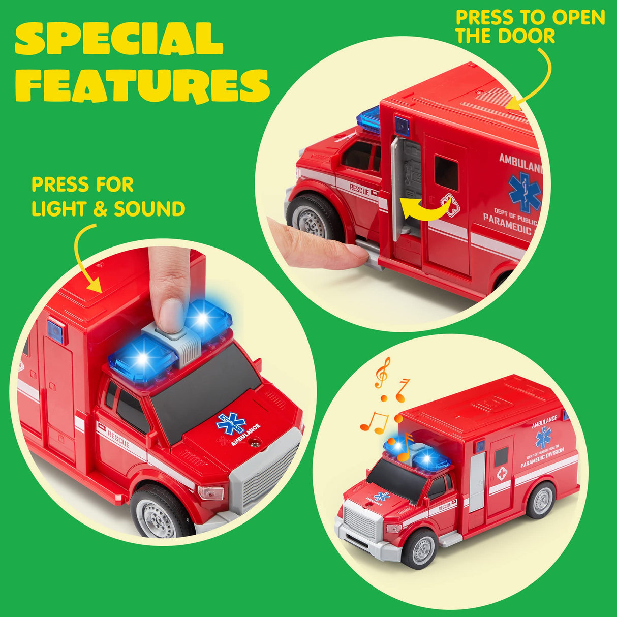 JOYIN 4 Pcs 7" Long Vehicle Toy Set, Toddlers Cars with Lights and Siren Sound, Including Play Police Car, School Bus, Garbage Truck, Ambulance, Birthday Christmas Party Gifts Toys for Boys 3-5