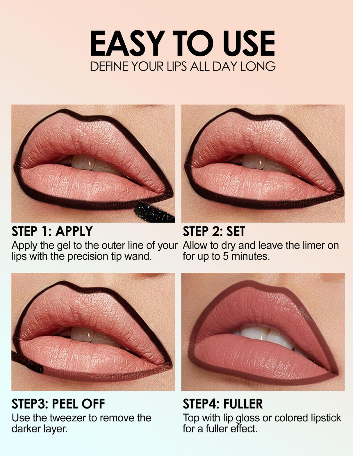 Erinde 3PCS Peel Off Lip Liner Stain, Long Lasting Tattoo Lip Liner with Tweezer, Matte Finish Peel Off Lip Stain, Waterproof Transfer Proof Lip Stain Peel Off, Non-Stick Cup Nude Lip Stain Lipliner