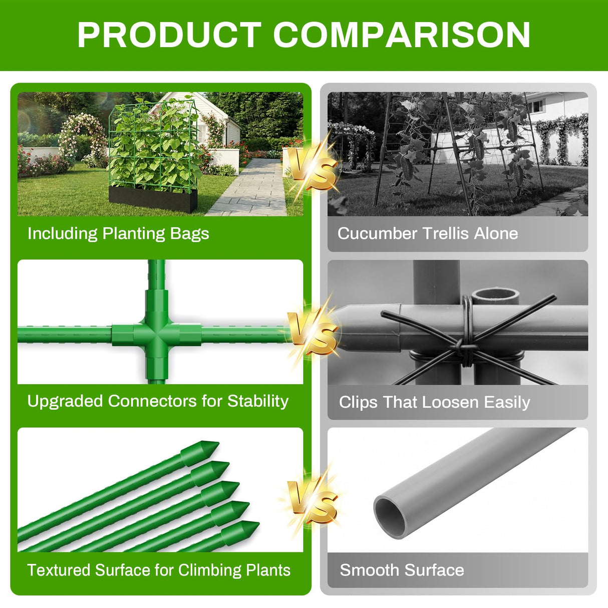 MQHUAYU Large Cucumber Trellis with Grow Bag, 65" Tall Metal Garden Trellis for Climbing Plants Outdoor, Reusable Cucumber Trellis for Raised Bed with Netting for Tomatoes, Peas, Grapes Plant Support