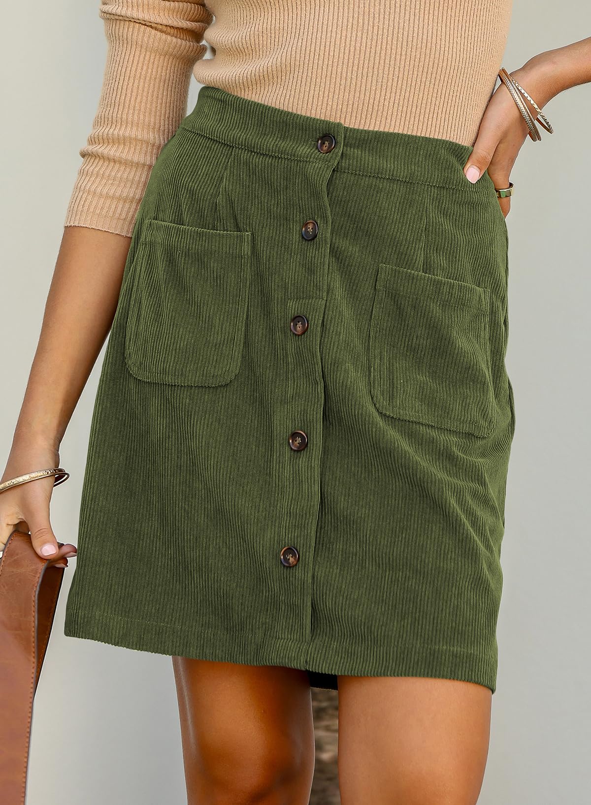 Happy Sailed Corduroy Skirts for Women Casual Button Down A-line High Waisted Bodycon Christmas Mini Skirt for Date Night Cocktail Party Green Medium