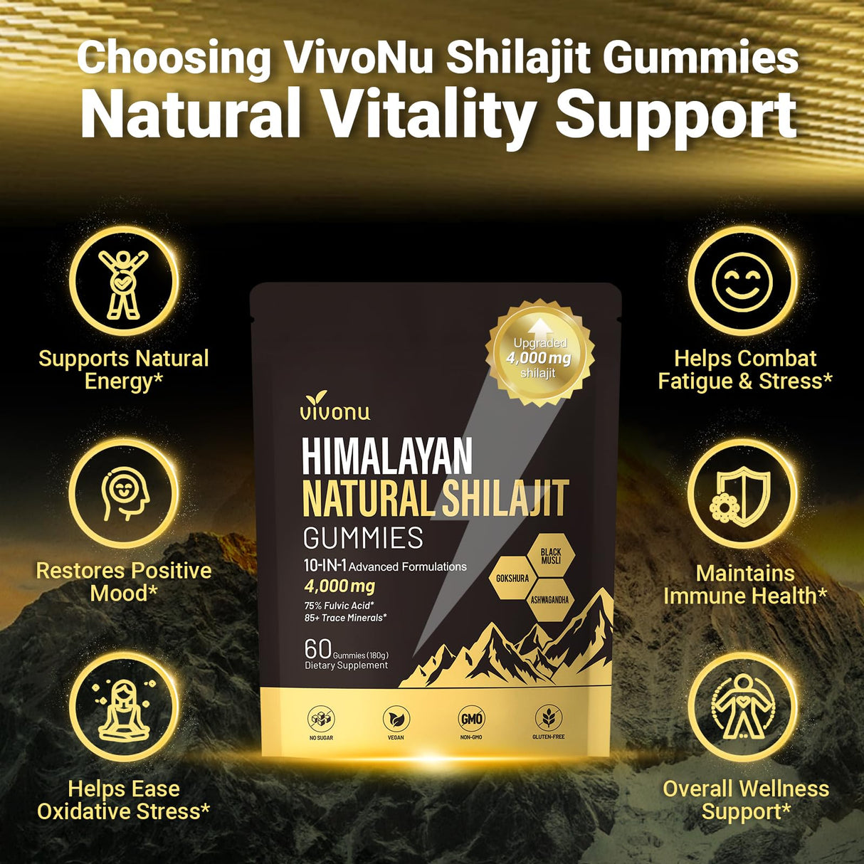 Formula with Pure Himalayan Shilajit, Ashwagandha, and 75% Fulvic Acid | Sugar-Free Vegan, 85+ Trace Minerals