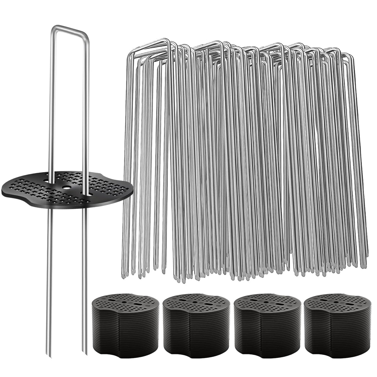 200 Pcs Garden Stakes Landscape Staples Set, 6 Inch 11 Gauge Heavy Duty Galvanized 100 U-Shaped Pins with 100 Gaskets for Weed Barrier Fabric, Grass Sod, Artificial Turf & Yard Landscaping