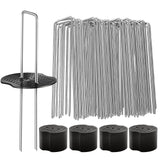 200 Pcs Garden Stakes Landscape Staples Set, 6 Inch 11 Gauge Heavy Duty Galvanized 100 U-Shaped Pins with 100 Gaskets for Weed Barrier Fabric, Grass Sod, Artificial Turf & Yard Landscaping