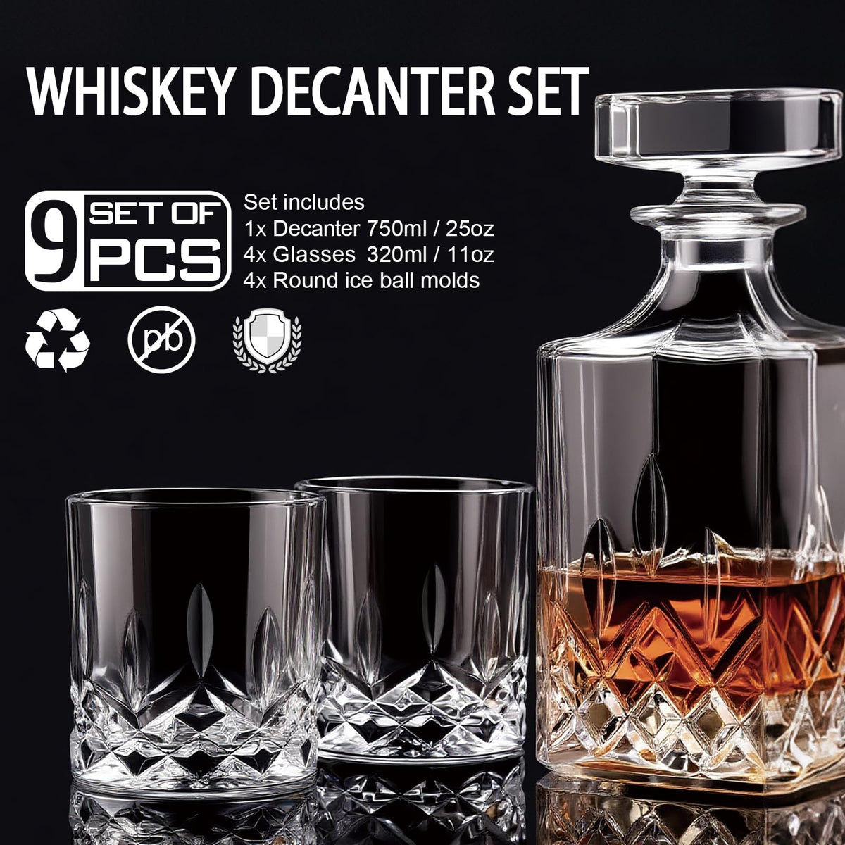Whiskey Decanter Set for Men, 4*Crystal Whiskey Glasses(Get 4 Silicone Ice Mold Free), Lead-Free Decanter Set for Whiskey, Bourbon, Scotch, Anniversary Christmas Gifts for Dad, Husband, Whiskey Lovers
