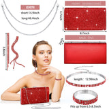 Kigeli 4 Pcs Women Rhinestone Clutch Purse Bling Jewelry Set,Red