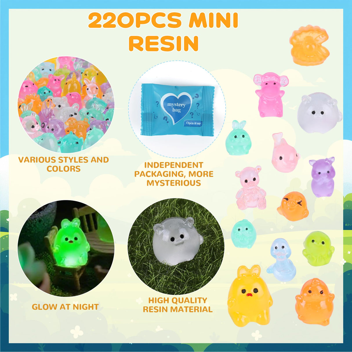 ShtNeeg 220 pcs Mini Resin Animals Blind Bags, Luminous Mini Resin Animal Figurines for Fairy Garden, Dollhouse, DIY Craft Decor, 50+ Animal Combination Sets for Adults
