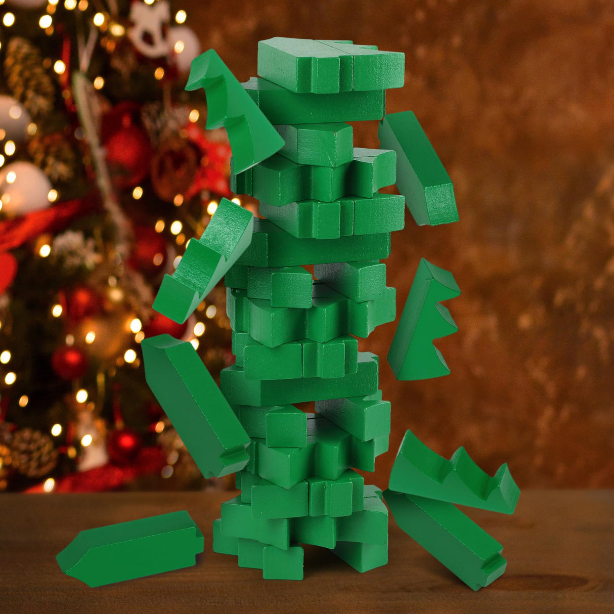 Funwares Christmas Tree Stack-Up, Wooden Blocks Stacking Game, Tumbling Tower, Family & Party Fun, Kids and Adults, Holiday Decoration, Ages 6+