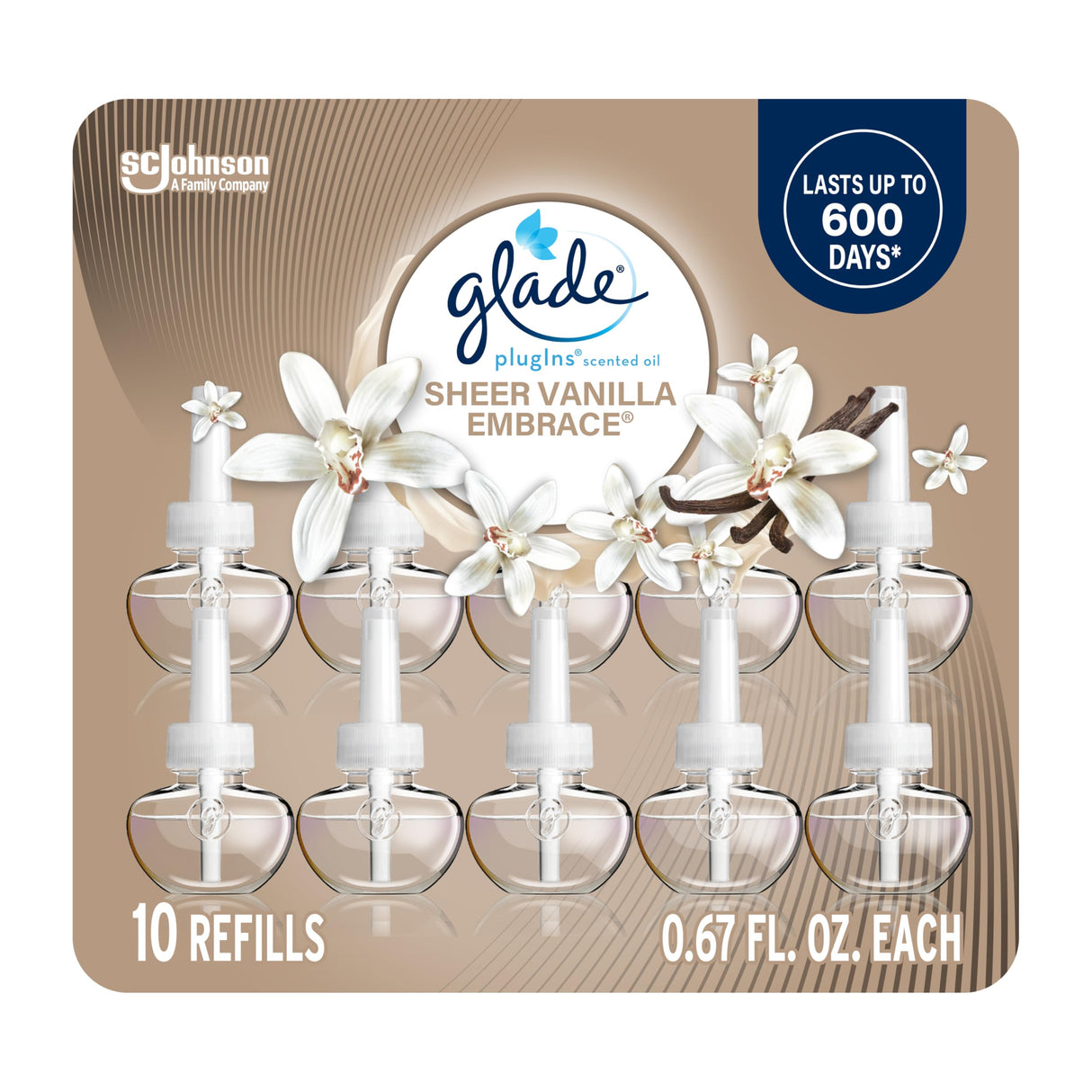 Glade PlugIns Refills Air Freshener, Sheer Vanilla Embrace, Scented and Essential Oils for Home and Bathroom, 0.67 Fl Oz, 10 Count
