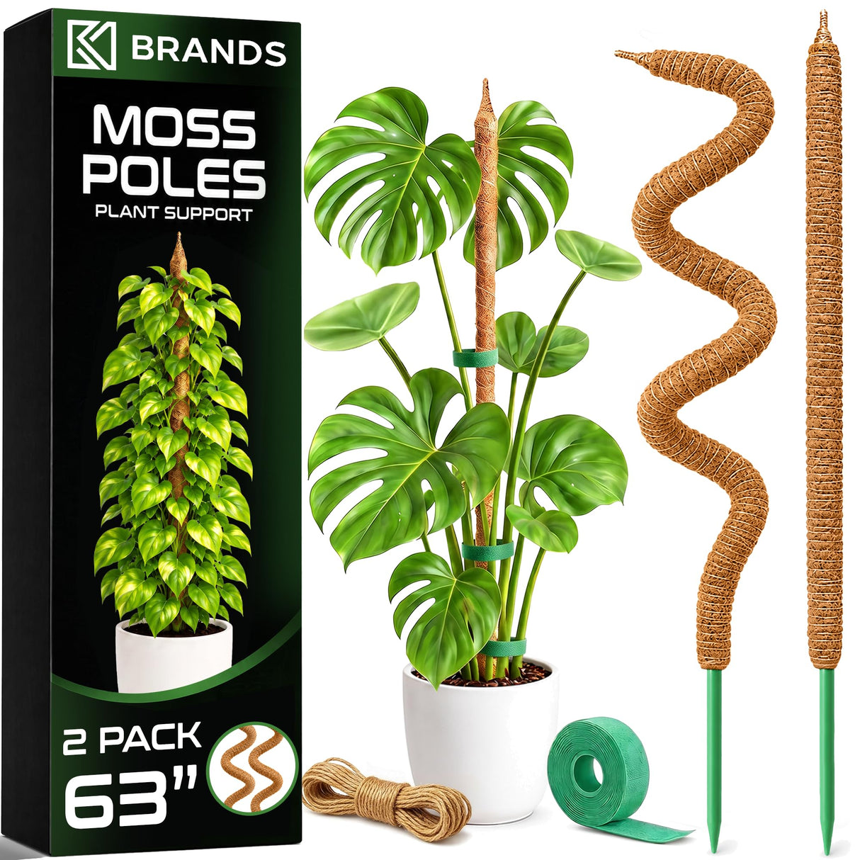 2 Pack 63'' Bendable Moss Pole Monstera Plant Support for Large Climbing Indoor Plants - Stakes for Potted Climbers - Tall Sticks Indoor Trellis for Houseplants - Accessories for Monstera Pot