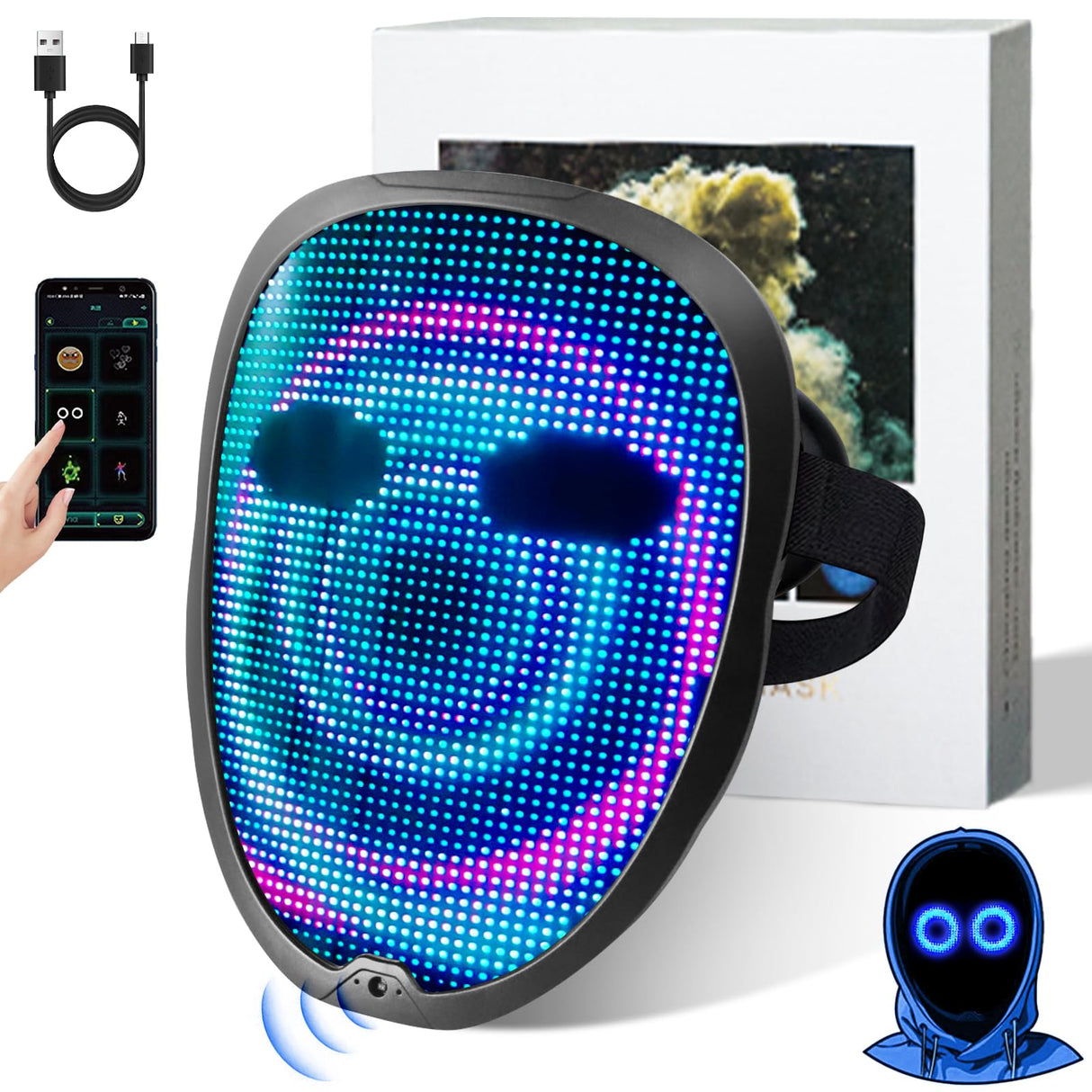 Ompusos LED Mask with Gesture Sensing, Light-Up Transforming Face Cover for Halloween, Christmas, Cosplay & Birthday Parties（APP Mask）