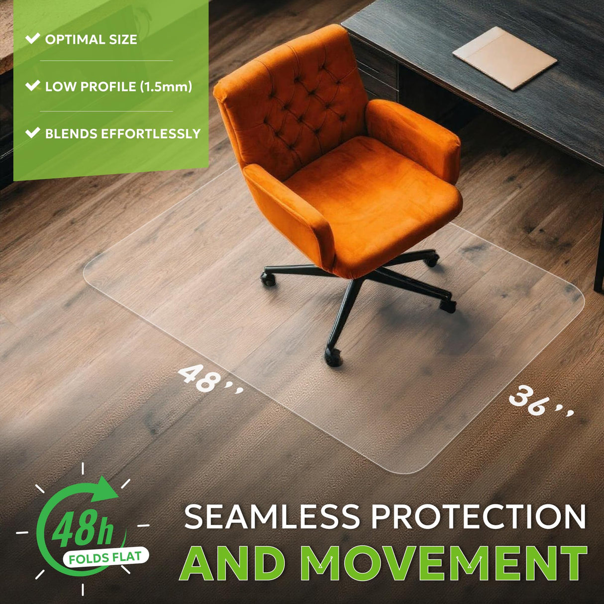 36"x48" Office Chair Mat for Hardwood Floor - Clear Desk Chair Mat, Non-Slip Floor Protector for Rolling Chairs, Rectangular Shape Compatible for Office and Gaming Chairs for Wood, Tile & Hard Floors