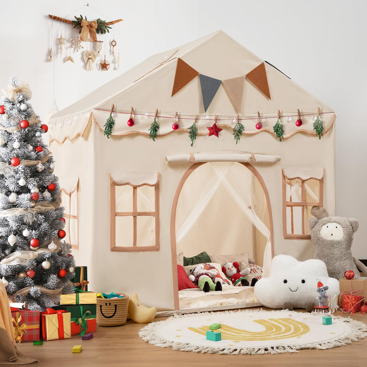 Besrey Kids Play Tent 2 in 1 with Padded Mat and Lights, Large Kids Playhouse with 2 Doors & 4 Windows, Indoor & Outdoor, Christmas Toddler Tent, 51" x35" x 51"