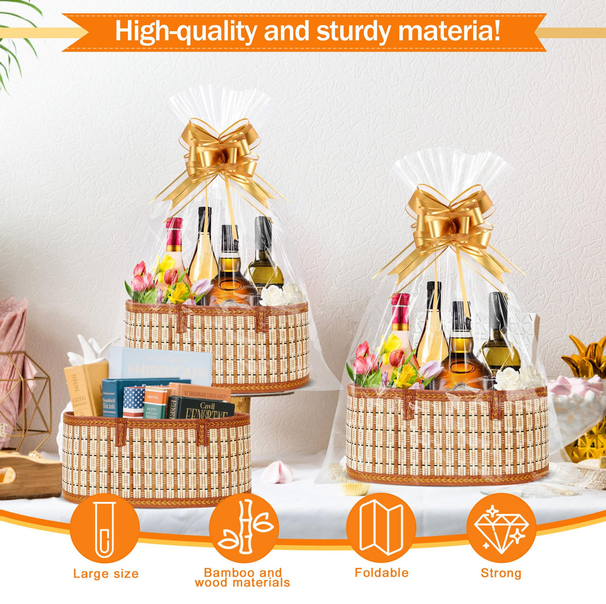 Orchidleaf 3 Set Baskets for Gifts Empty, Gift Empty Bamboo Basket Large, Foldable Woven Gift Basket with Handle for Baby Baptisms, Mother's Day, Christmas, Housewarming