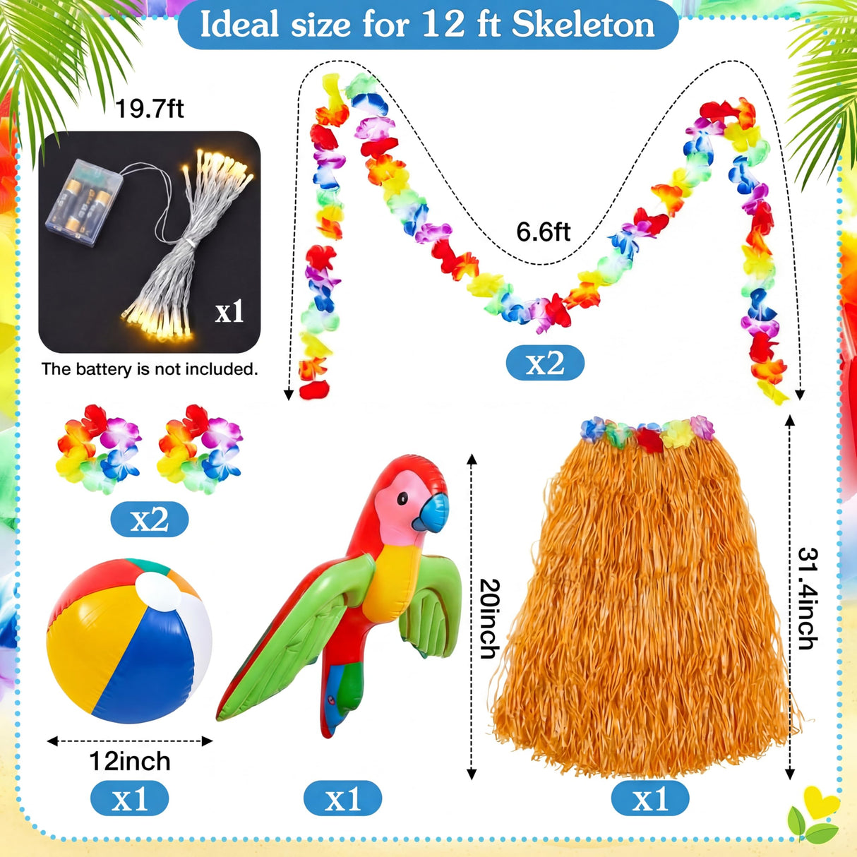Lunmon 8 Pcs Summer Hawaiian 12 ft Skeleton Costume Accessories Hawaiian Hula Grass Skirt Tropical Flower Garlands Wristbands Beach Ball Skeleton Outfit for Garden Lawn Luau Party Decor(Yellow)