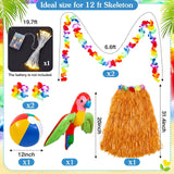 Lunmon 8 Pcs Summer Hawaiian 12 ft Skeleton Costume Accessories Hawaiian Hula Grass Skirt Tropical Flower Garlands Wristbands Beach Ball Skeleton Outfit for Garden Lawn Luau Party Decor(Yellow)