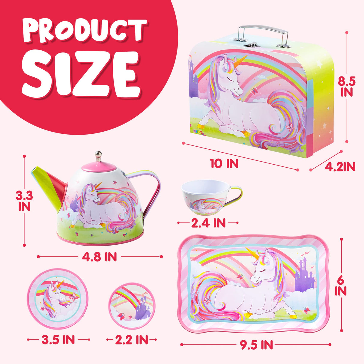 JOYIN Unicorn Tea Party Set for Little Girls, Pretend Pink Tin Teapot Set, Princess Tea Time Play Kitchen Toy with Teapot, Cup, Plate, Carrying Case for Kids Toddlers Age 3 4 5 6, Gift for Christmas