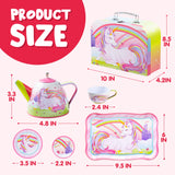 JOYIN Unicorn Tea Party Set for Little Girls, Pretend Pink Tin Teapot Set, Princess Tea Time Play Kitchen Toy with Teapot, Cup, Plate, Carrying Case for Kids Toddlers Age 3 4 5 6, Gift for Christmas