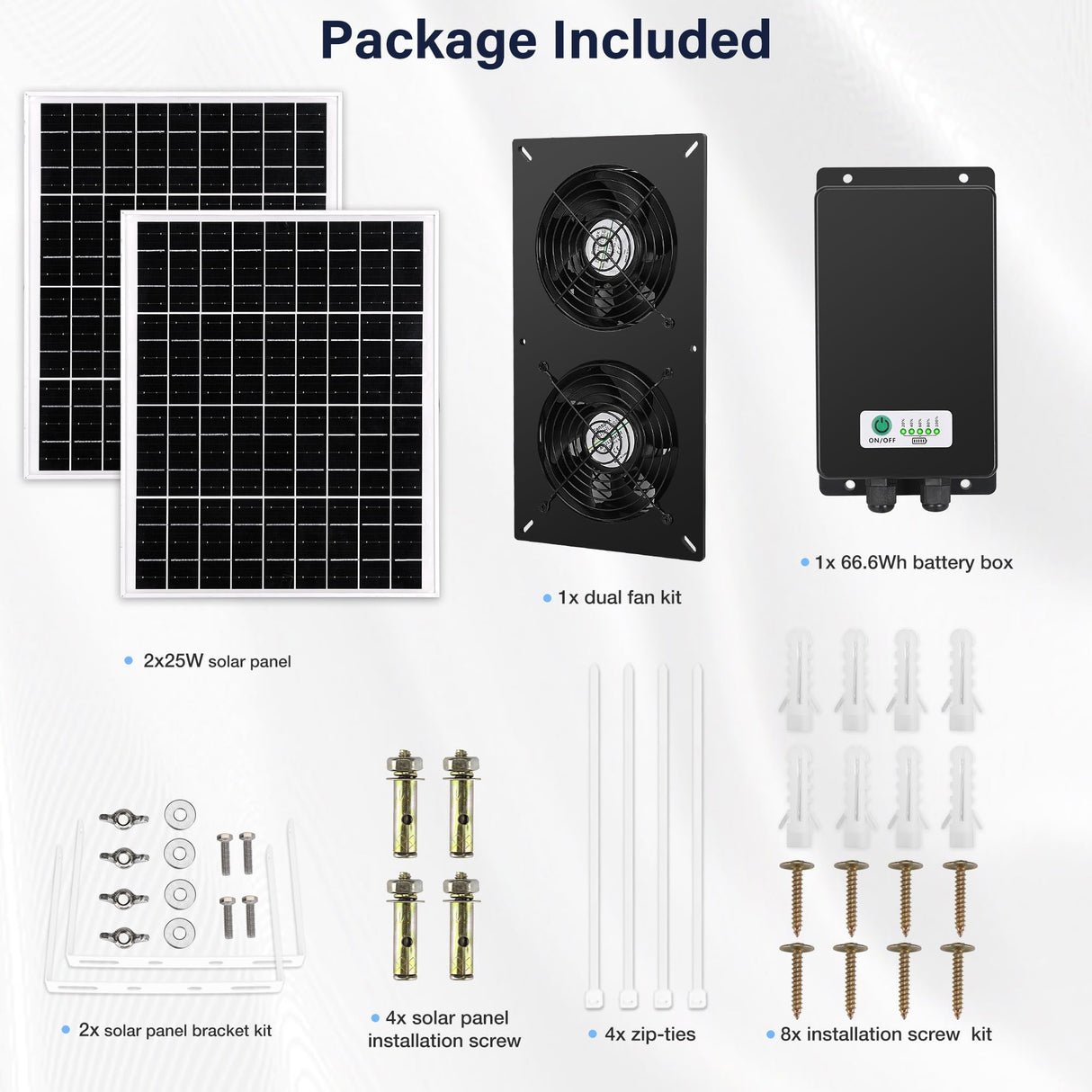 Fanspex Solar 2 Fan Kit with 66.6 Wh Battery Backup, 50W Solar Panel Powered Rechargeable Weatherproof Fans for Chicken Coop, Greenhouse & Shed