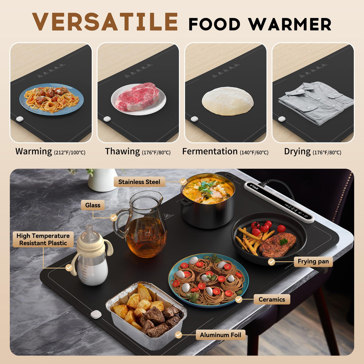VTAR Rollable Electric Food Warming Mat | 3-Temp Buffet Tray Warmer for Parties | Even Heating, Portable Silicone Design, Auto Shut Off & Child Lock- Black