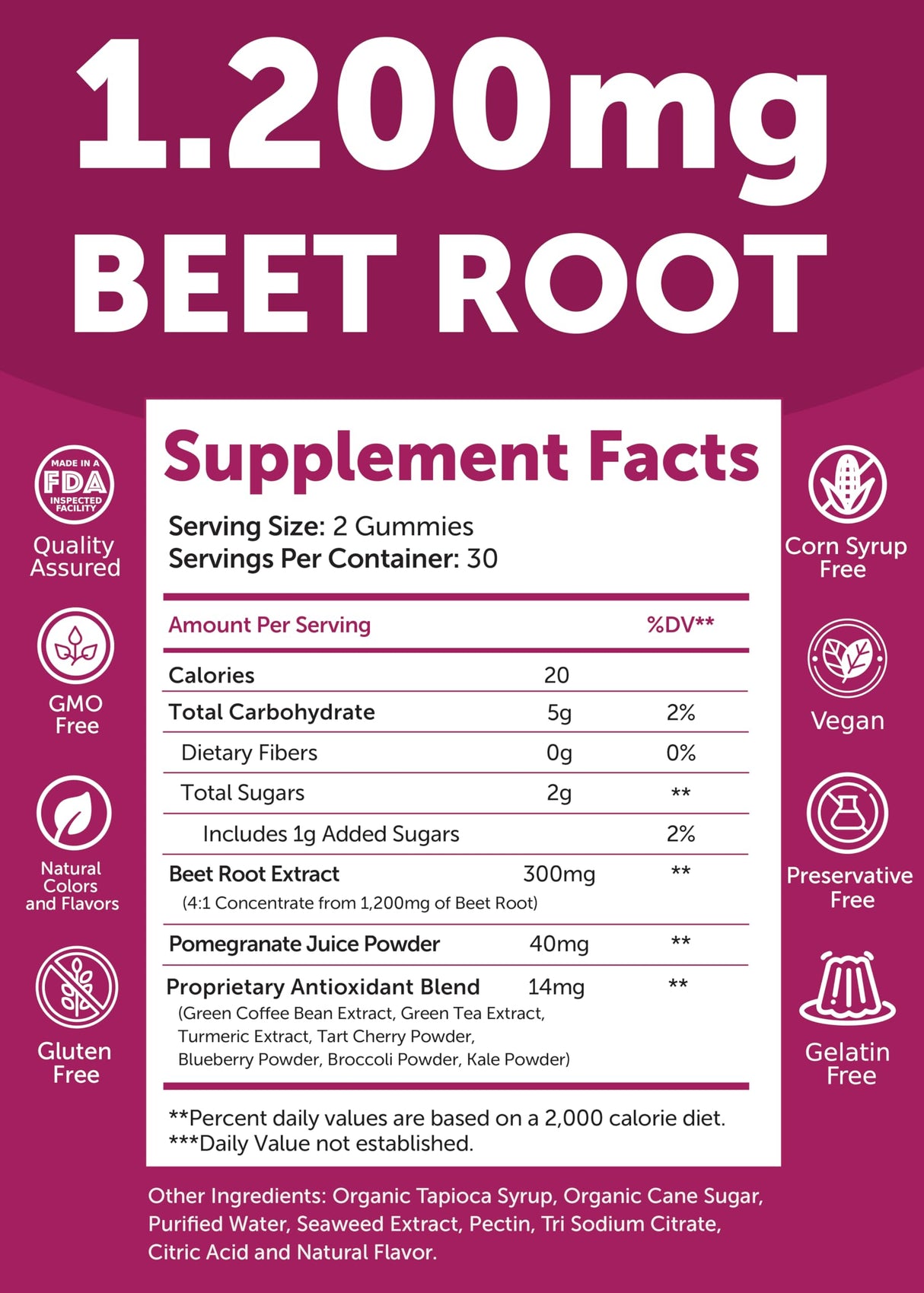 Lunakai USA Made Beet Root Gummies with Antioxidant Blend - Delicious Non-GMO Beet Chews, 60ct