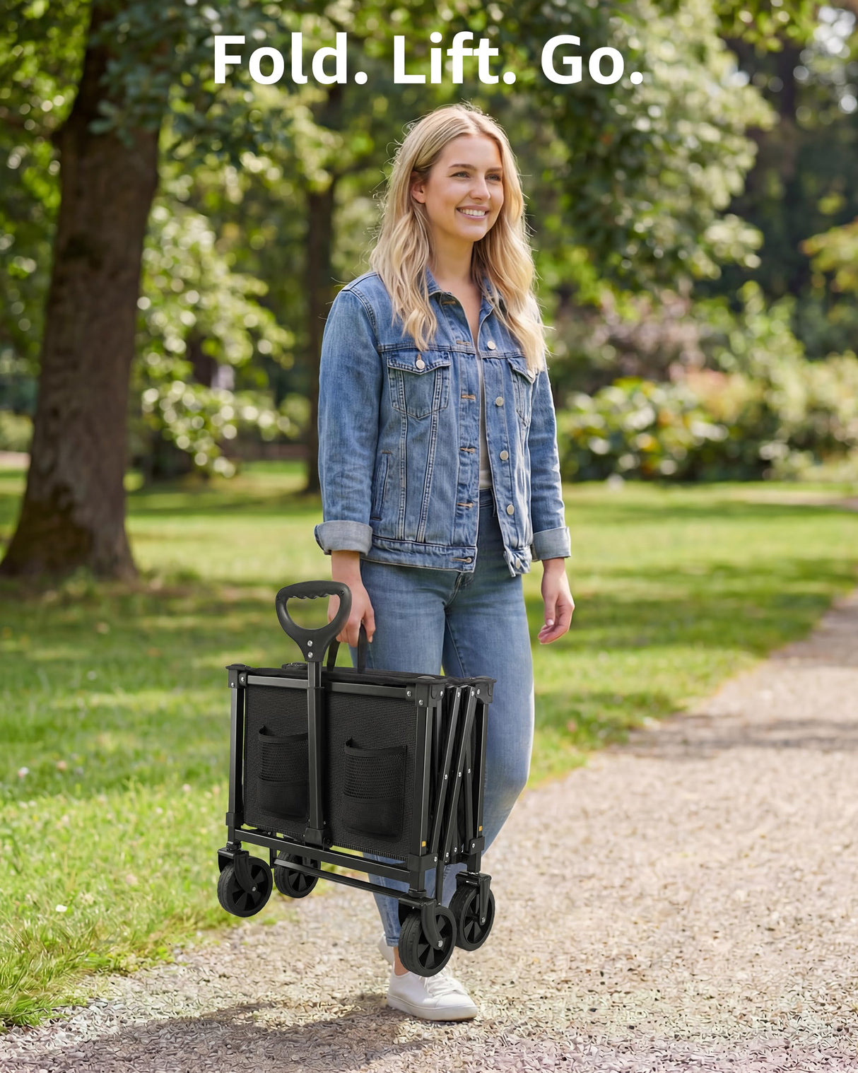 MEUIS Collapsible Wagon Cart with Wheels - 250LBS Heavy Duty Folding Wagon for Groceries Shopping Outdoor Apartment Portable Foldable Utility Grocery Trolley, Black, L
