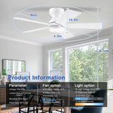 BYKISTOK 46" Flush Mount Ceiling Fan with Lights - White Modern Fan Light with Reversible Mute Motor, 3CCT Dimmable, Wind Speeds Adjustable, Low Profile Light Fixure for Indoor Use, Bedroom