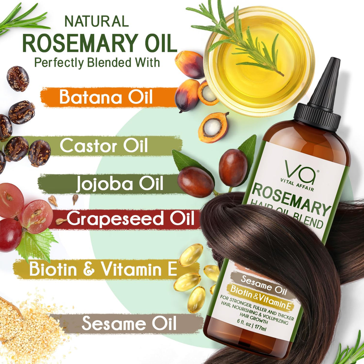 VITAL AFFAIR Blend Of Pure Rosemary Oil With Castor, Batana, Jojoba Oil - Infused With Biotin & Vitamin E-Blend of Effective Hair Oils for Hair Growth-Strengthening Treatment 6 Fl Oz