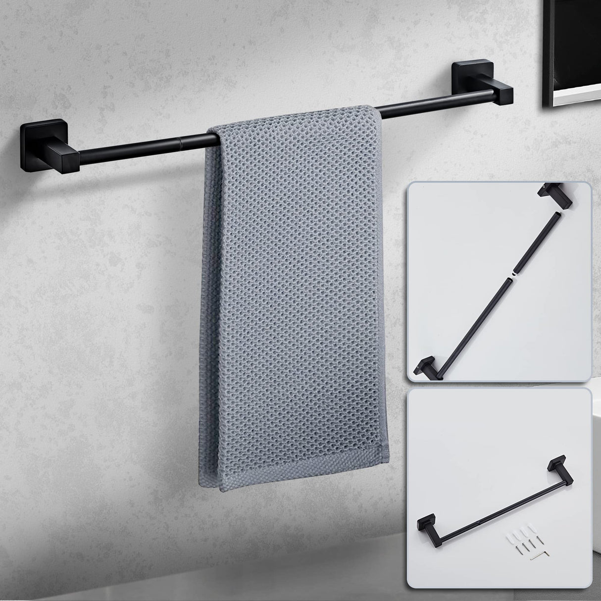 Matte Black Bathroom Hardware Set 4 Pieces,Bathroom Accessories Set Stainless Steel Wall Mounted, Hand Towel Bar, Towel Ring, Robe Towel Hooks,Toilet Paper Holder,Towel Bar Set, 23.6 Inch
