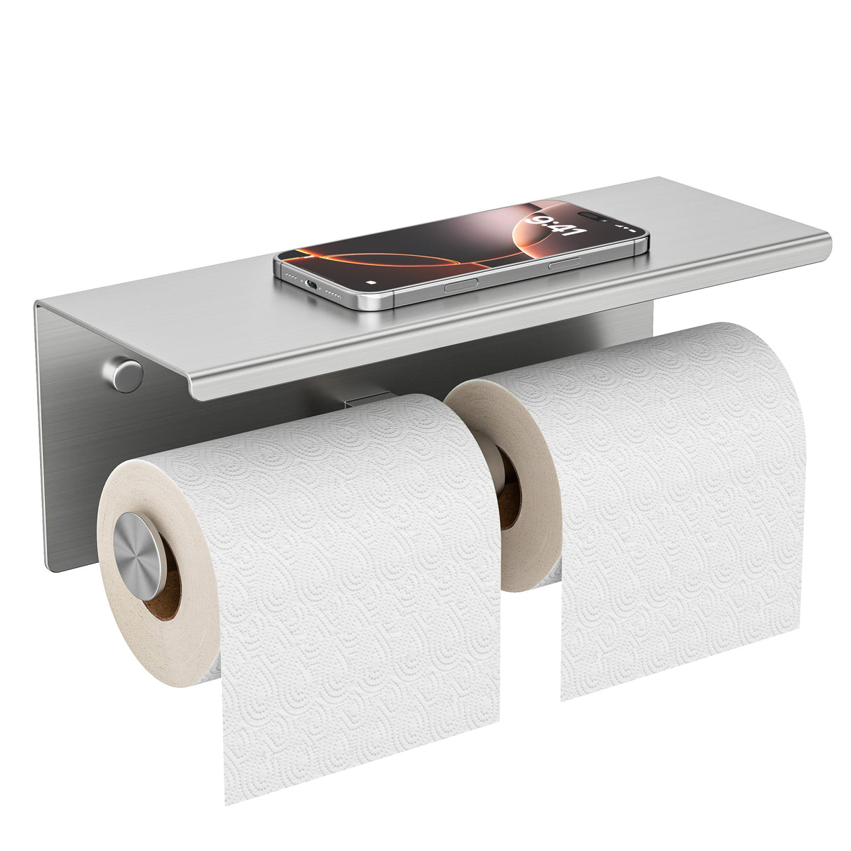 FORIOUS Double Toilet Paper Holder with Shelf, Wall Mount Tissue Roll Holder for Bathroom, 304 Stainless Steel Commercial Toilet Paper Dispensers with Phone Shelf (1, Brushed Nickel)
