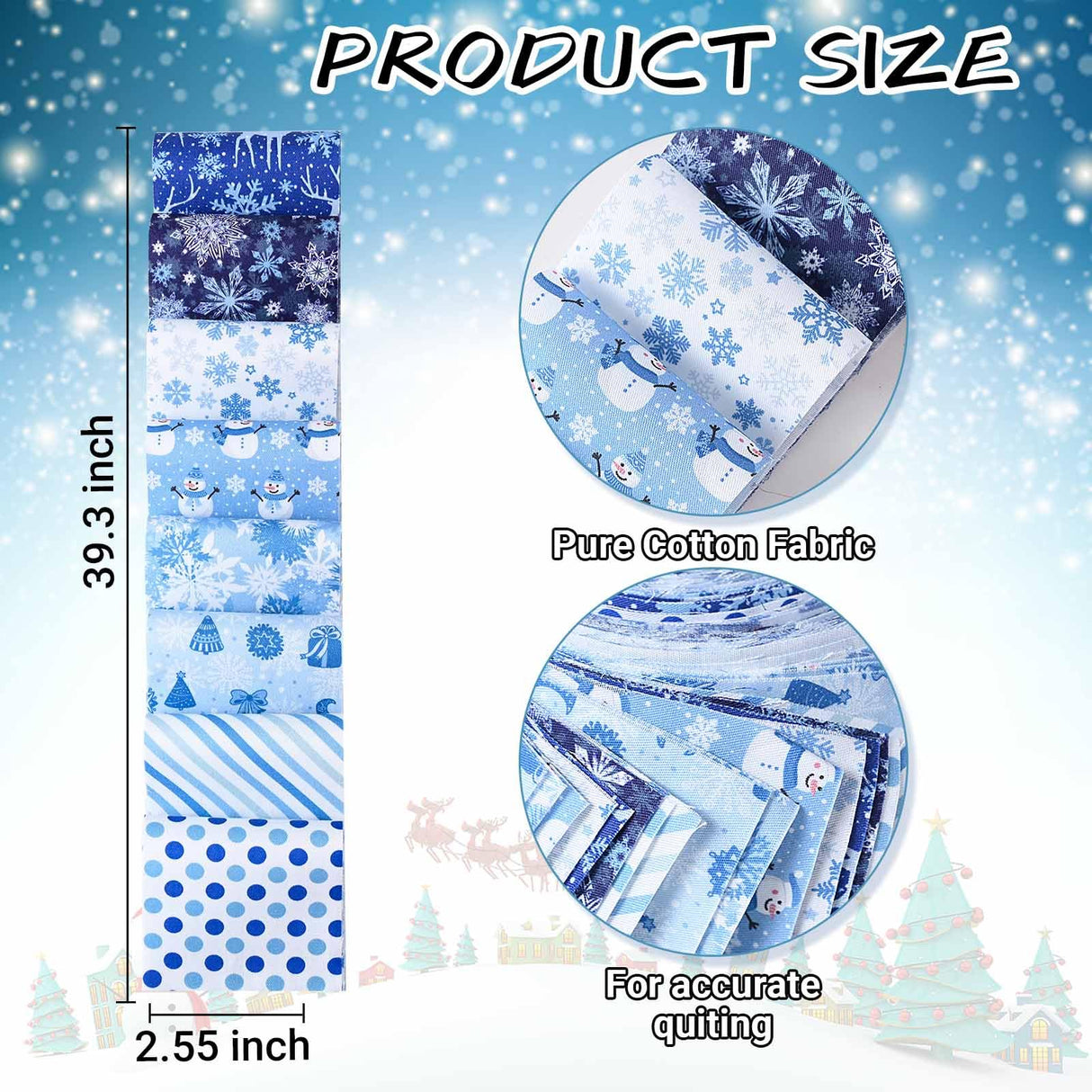 40 Pcs Winter Christmas Snowflakes Cotton Jelly Fabric Strips Blue and White Snowflake Reindeer Patchwork Strips for Quilting Crafting Snowman Precut Patchwork for Sewing DIY Crafts