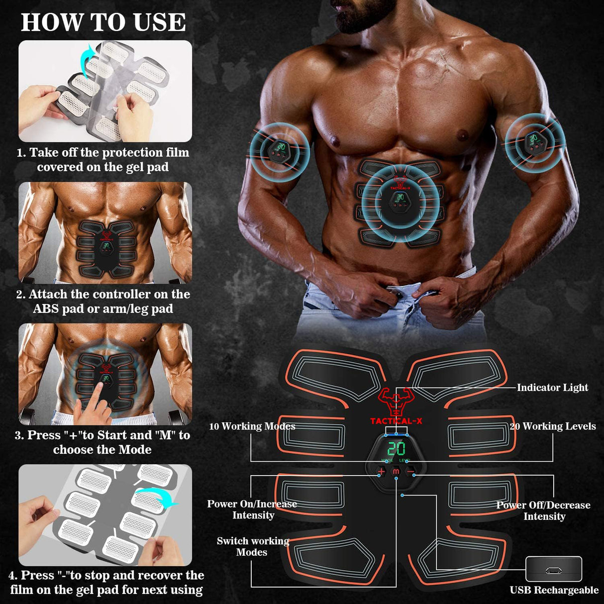 Tactical X Abs Stimulator Military Grade, Vital Flex Core Ab Stimulator Military Grade, MHD TENS - Ab Stimulator and for Easy Abs Muscle Stimulation and Muscle Activation, Ideal Home Gym Device,Unisex