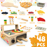 WOODMAM Wooden Pizza Toy - 48 PCS Montessori Pretend Play Food for Ages 3+, Educational Learning Toy Wooden Playset with Bake Oven, Christmas Birthday Gift for 3 4 5 6 Year Old