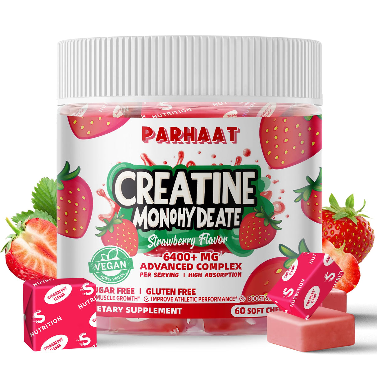 Creatine Monohydrate Chews Complex 6400mg for Men & Women -Advanced Formula W/L-Taurine + Vitamin B12, Sugar Free Chewable Supplement,60 Strawberry Softchews