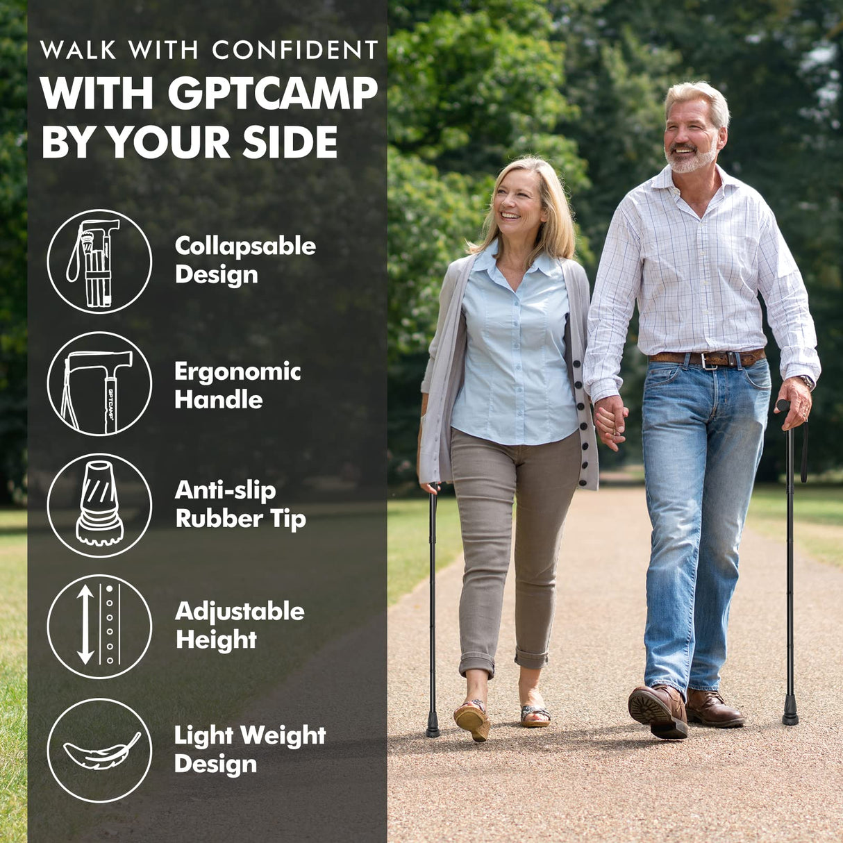 GPTCAMP G2 Walking Stick, Fold-up Walking Cane for Women and Men with Wrist Strap, Portable, Foldable, Collapsible, Lightweight and Sturdy with Comfortable T Handle