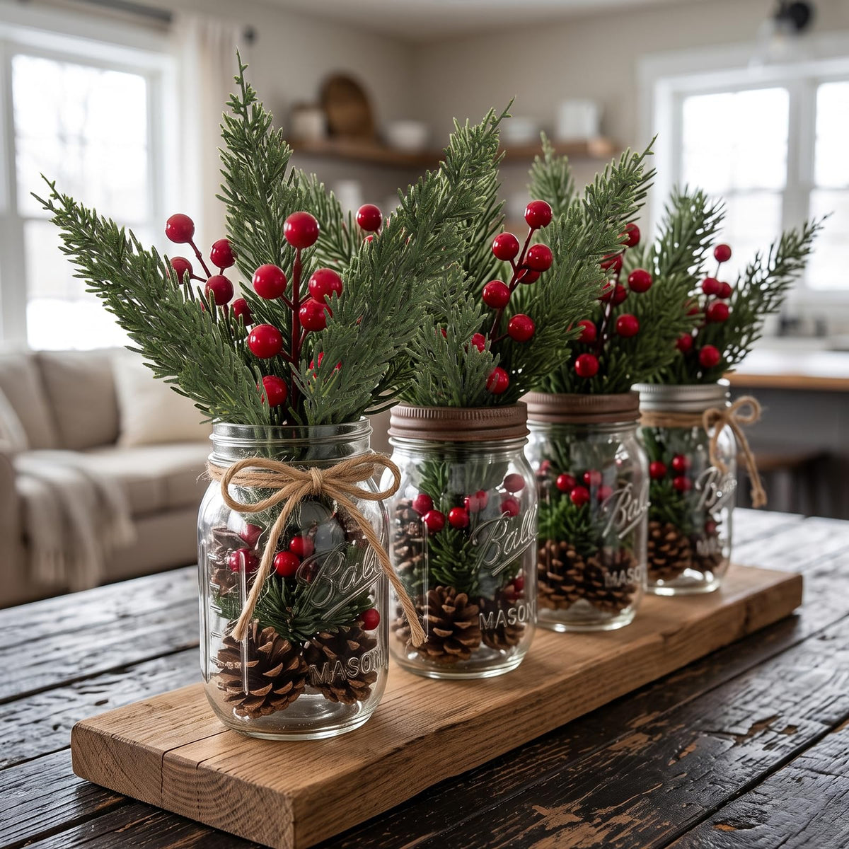 lovemoon 70Pcs Christmas Artificial Pine Stems with Red Berries, Faux Cedar Branches, Fake Christmas Greenery Pine Picks with Berries Stems for DIY Crafts, Garland Wreath & Home Xmas Decor (70)